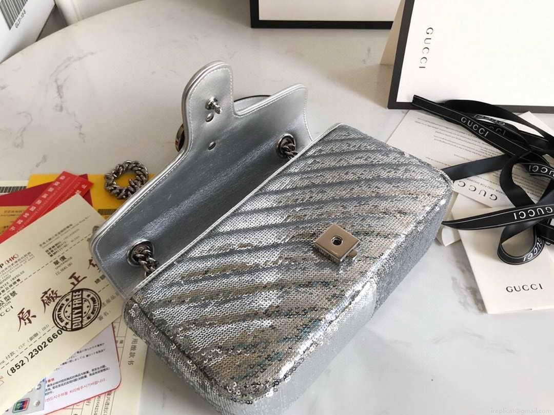 Gucci 443497 GG Marmont Small Shoulder Sequin Bag Silver