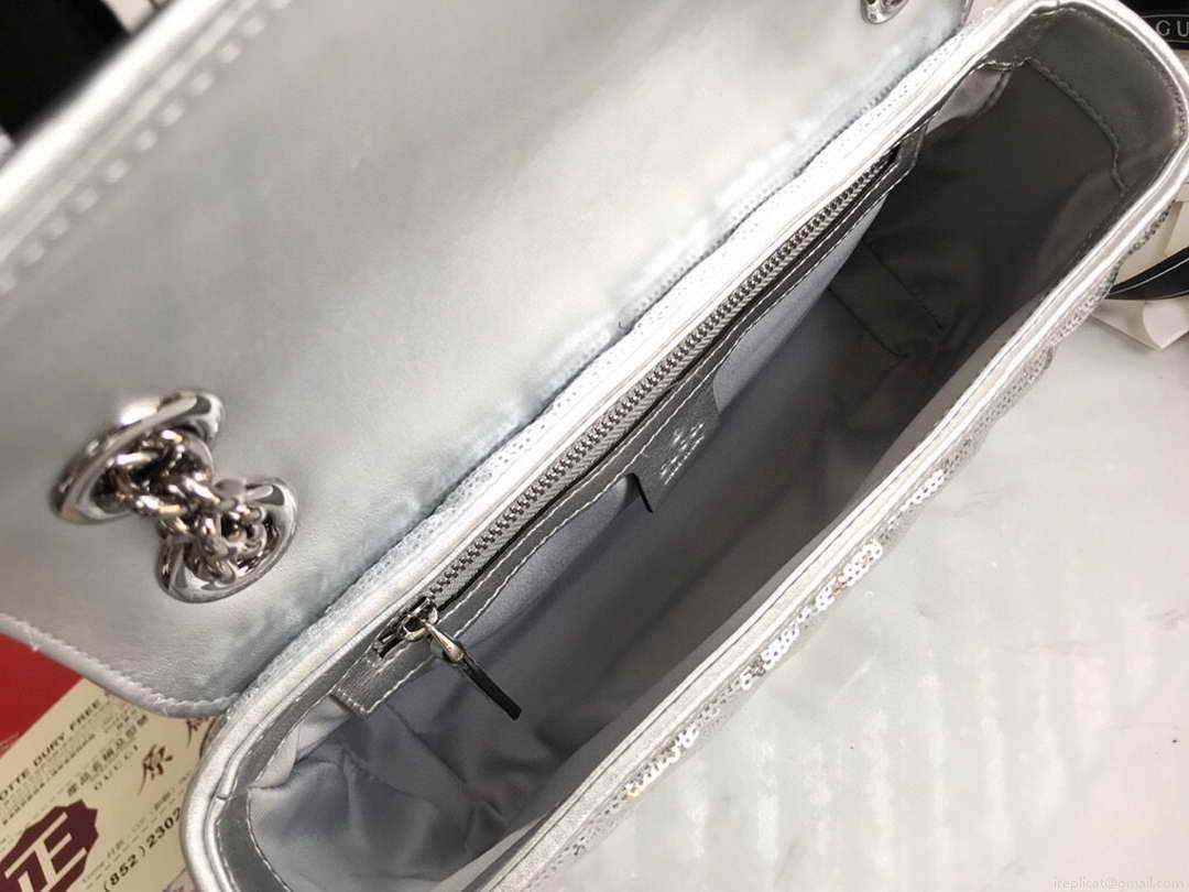 Gucci 443497 GG Marmont Small Shoulder Sequin Bag Silver