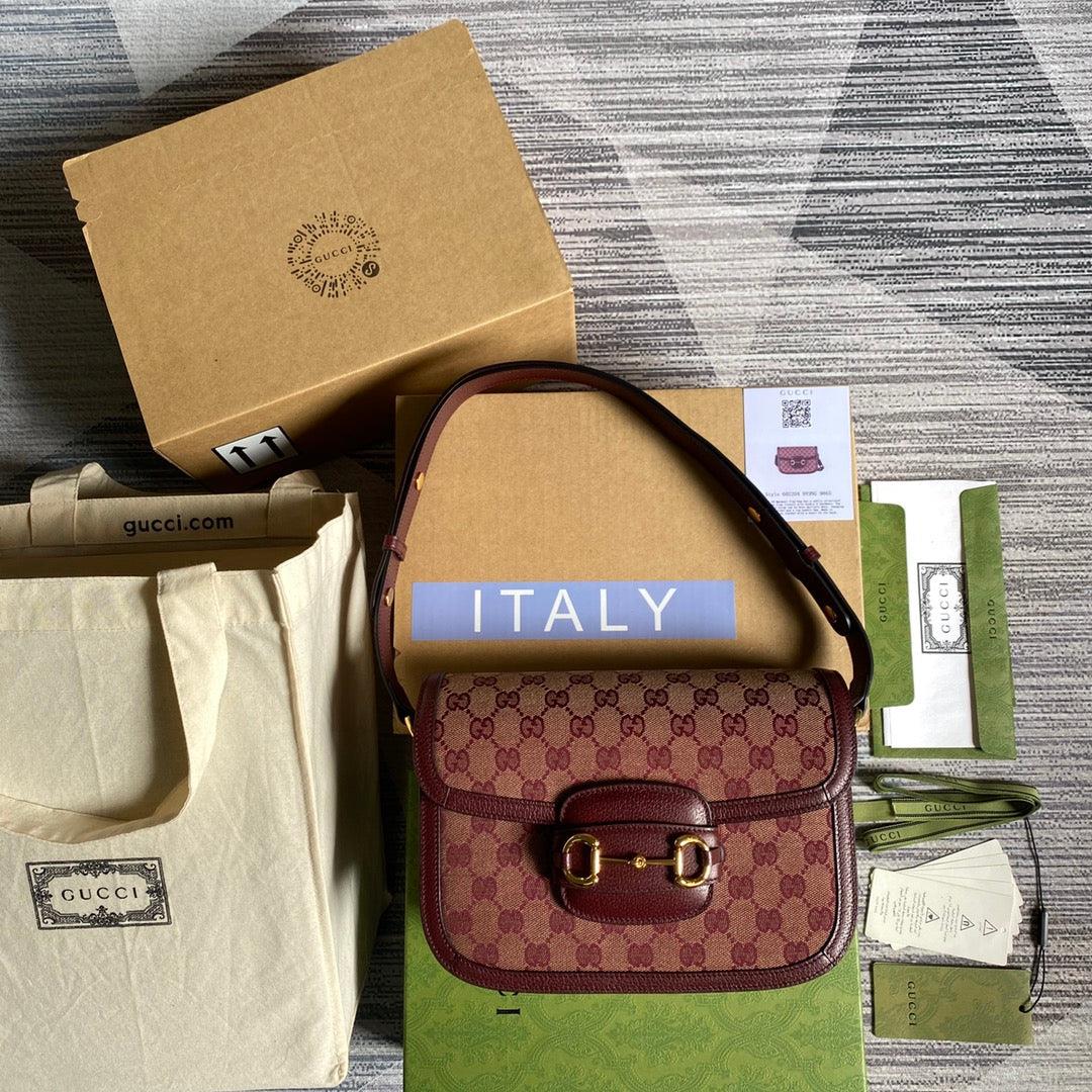 Gucci Horsebit 1955 shoulder bag 602204 Beige and burgundy Original GG canvas