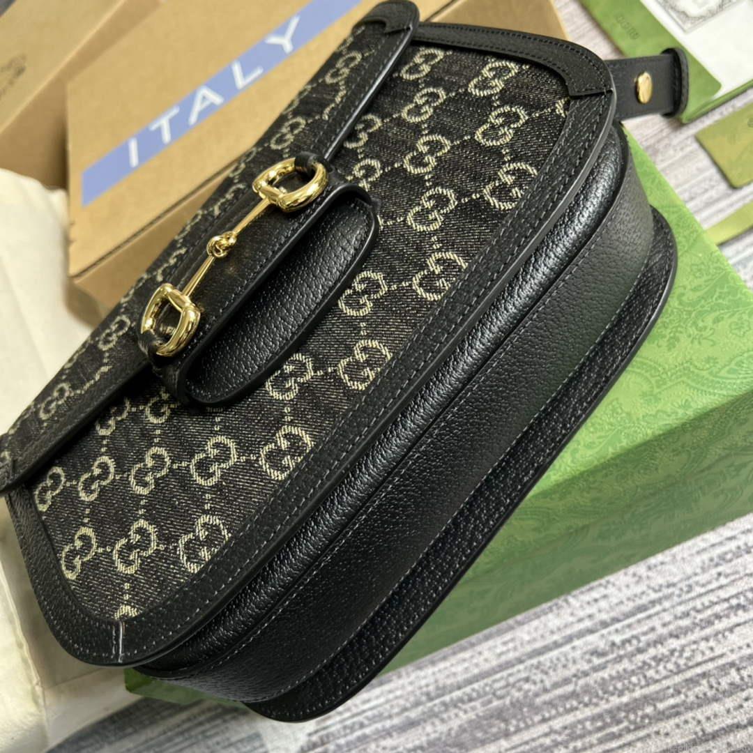 Gucci Horsebit 1955 shoulder bag 602204 Black and ivory GG denim jacquard