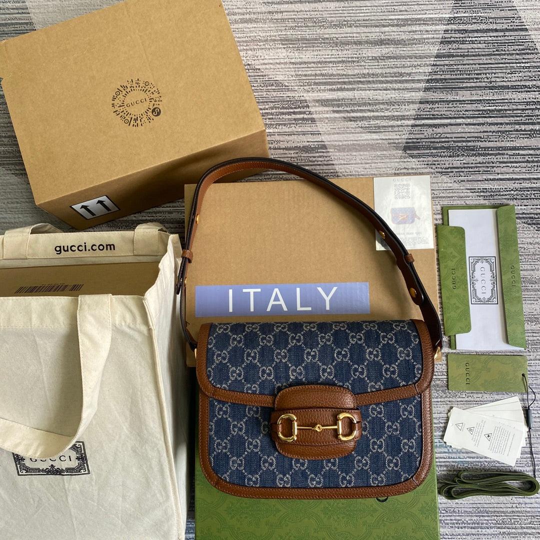 Gucci Horsebit 1955 shoulder bag 602204 blue with brown leather
