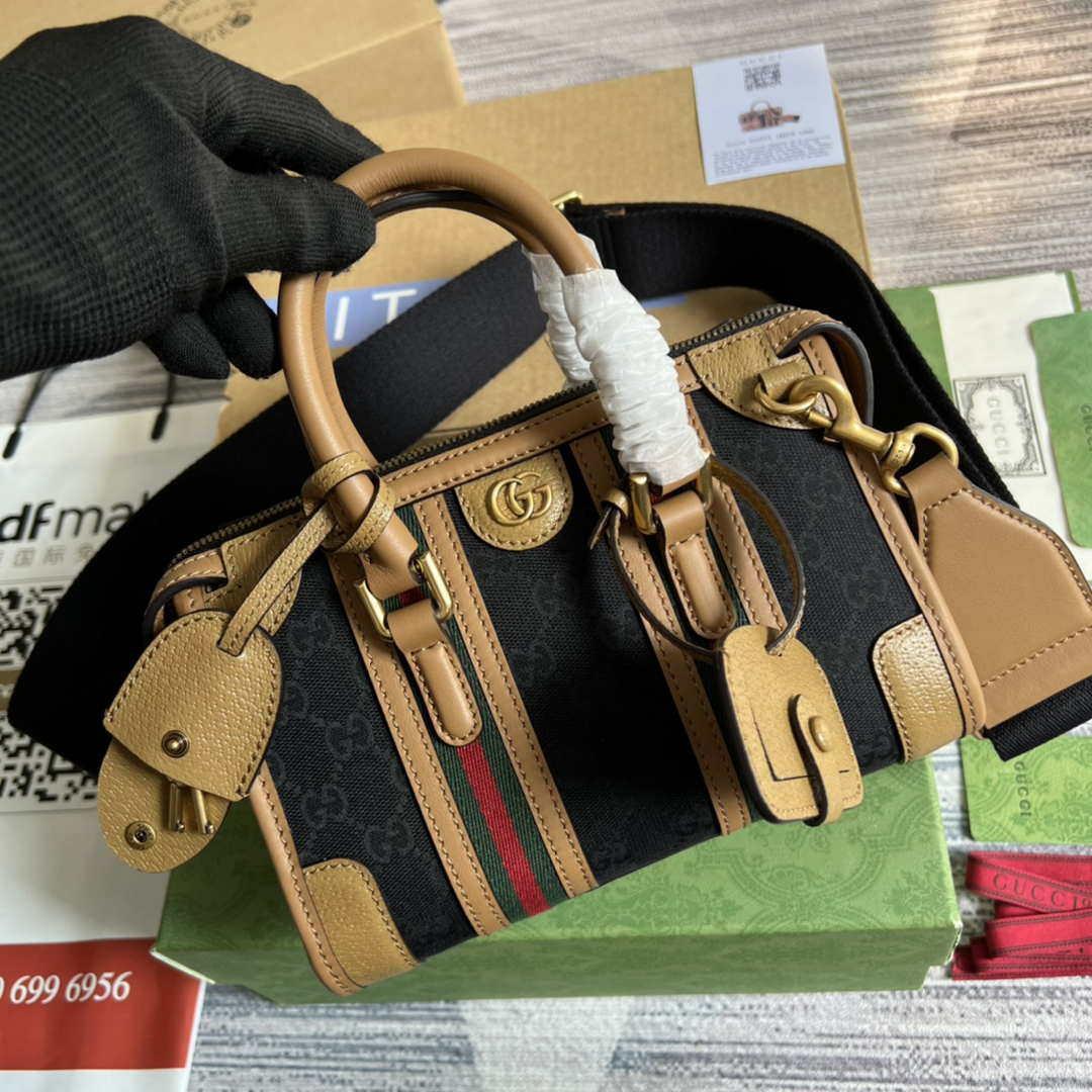 Gucci 715771 Mini canvas top handle bag Light Brown and Black Original GG canvas