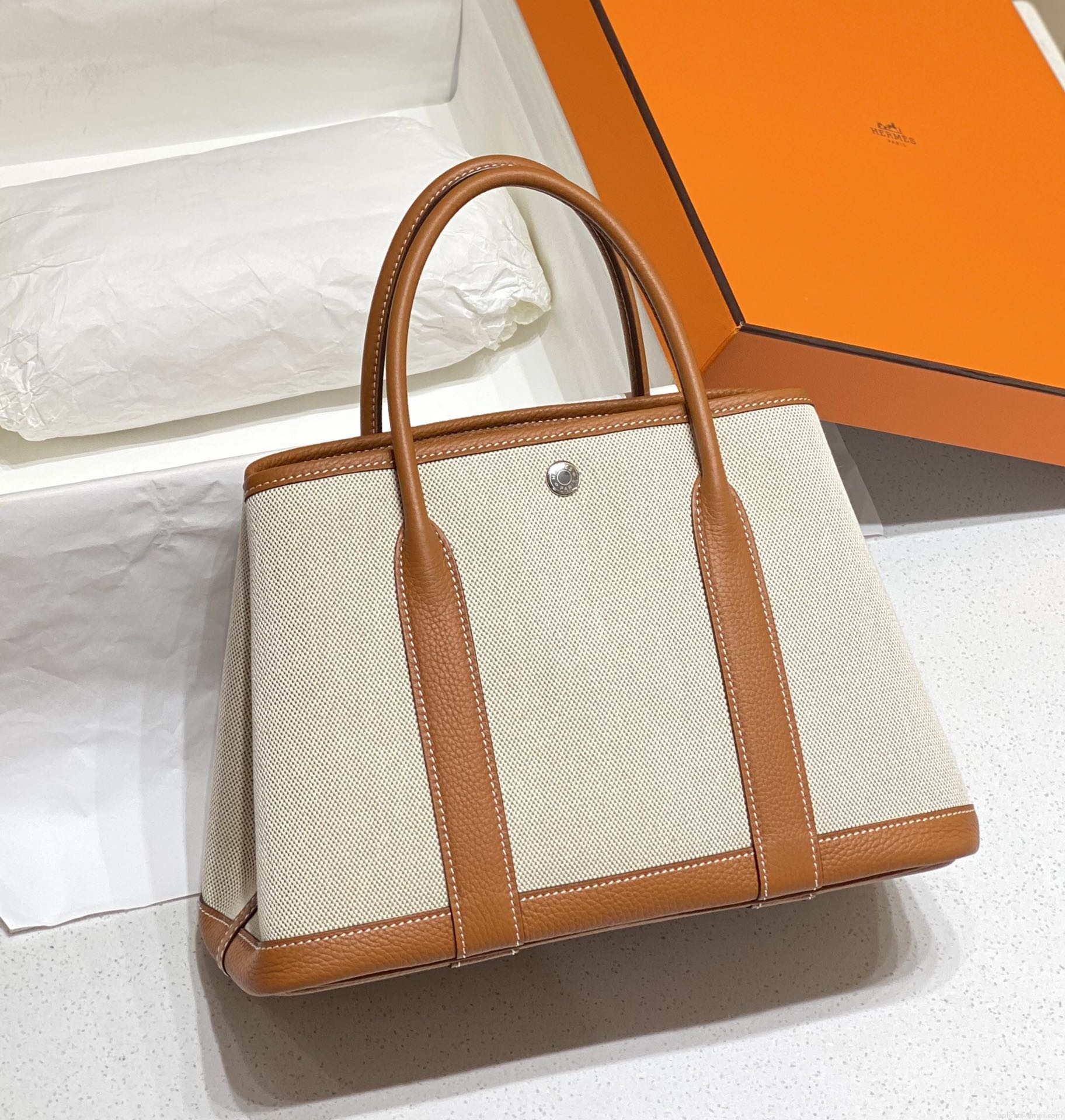 Hermes Beige Canvas and Brown leather Garden Party 30cm Bag H239052