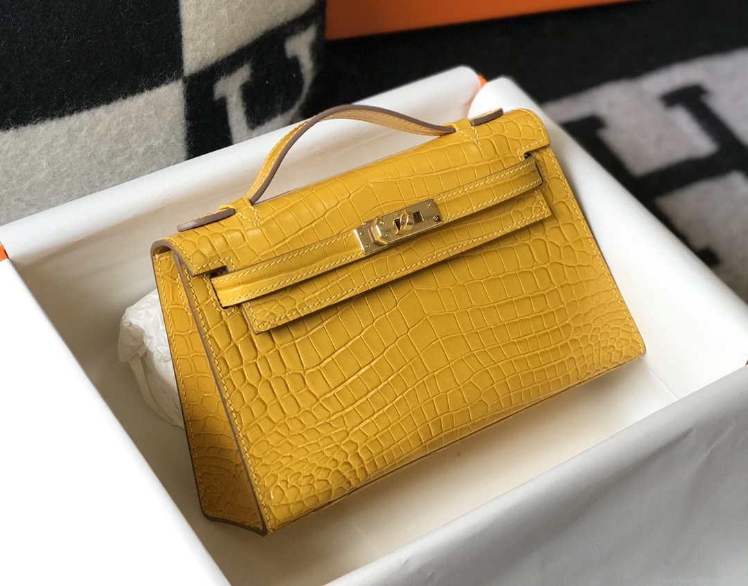 Hermes Mini Kelly Pouchette Crocodile Leather H230233 Yellow