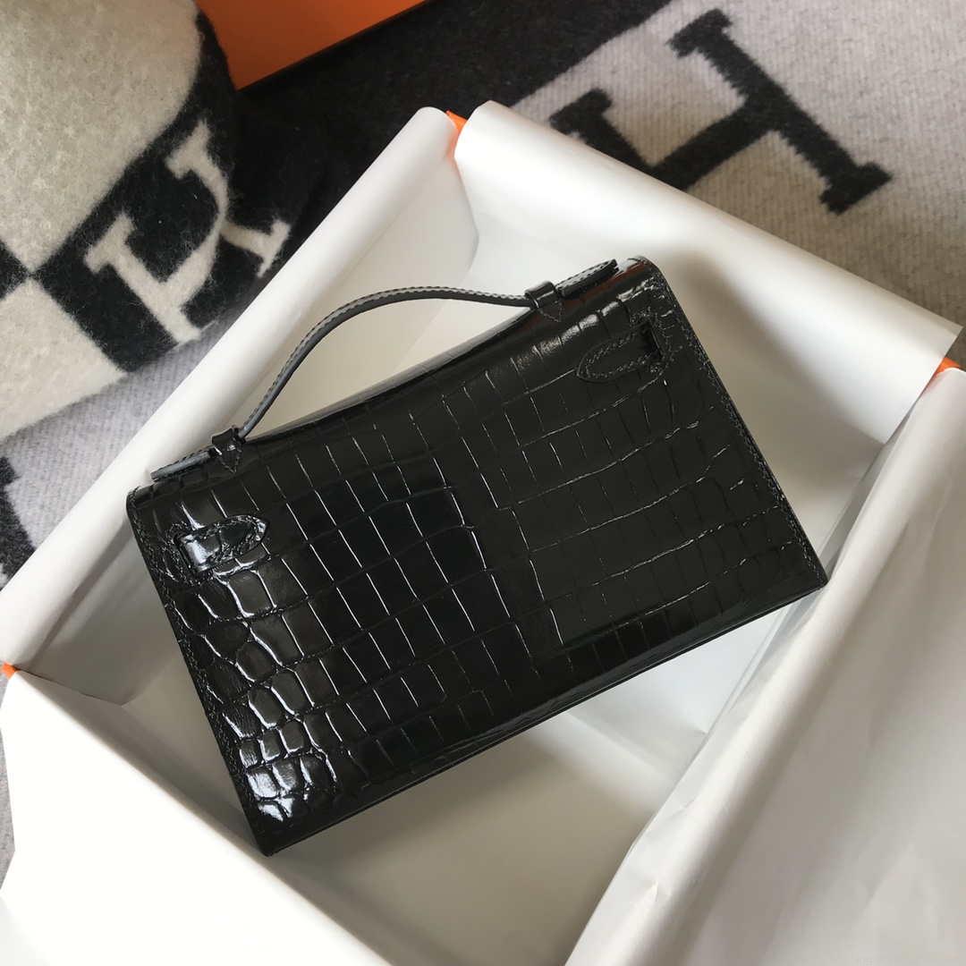 Hermes Mini Kelly Pouchette Crocodile Leather H230234 Black