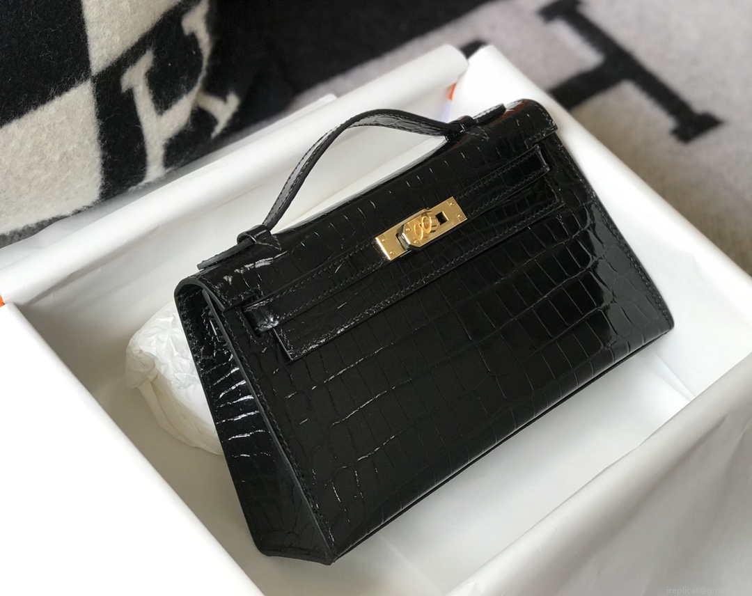 Hermes Mini Kelly Pouchette Crocodile Leather H230234 Black