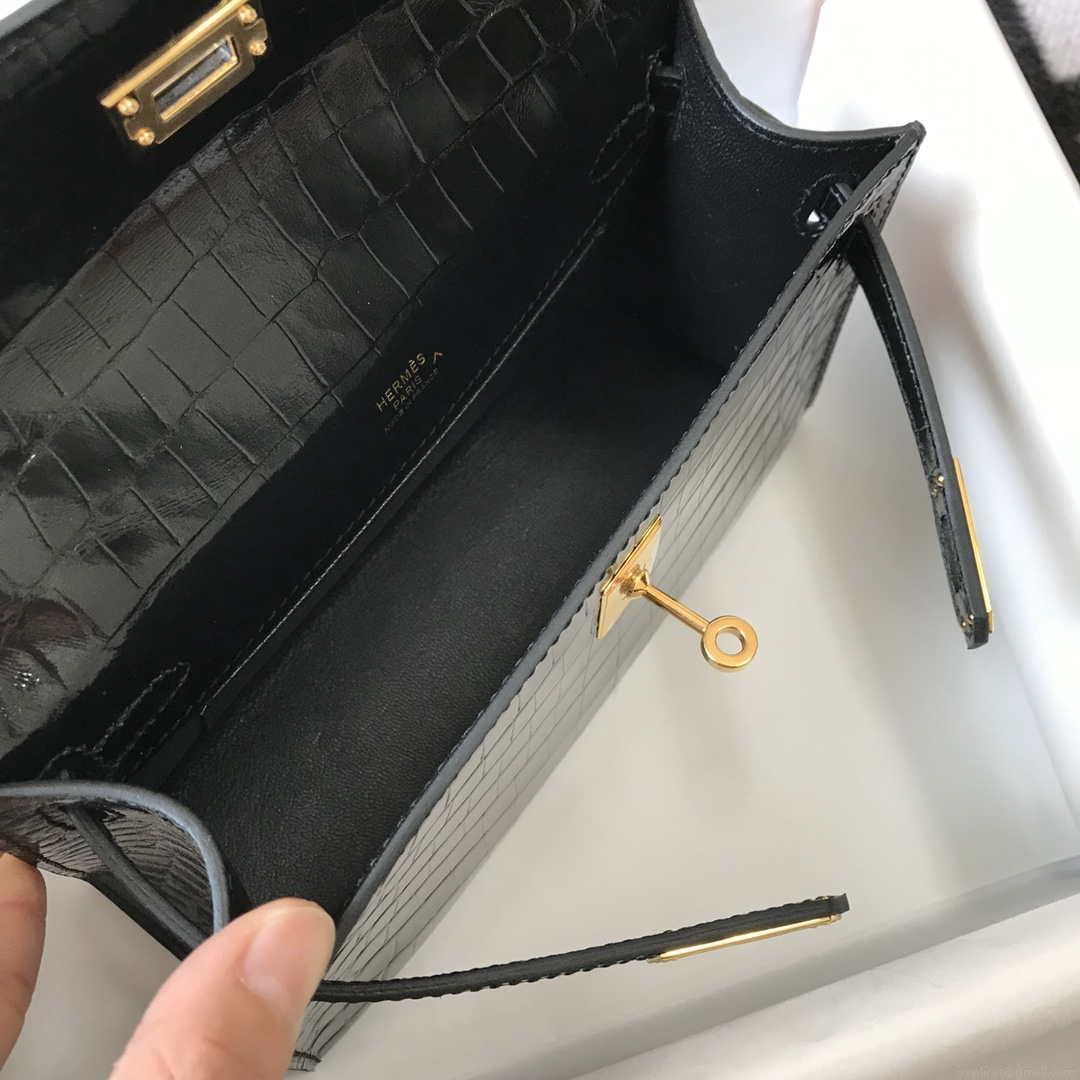 Hermes Mini Kelly Pouchette Crocodile Leather H230234 Black