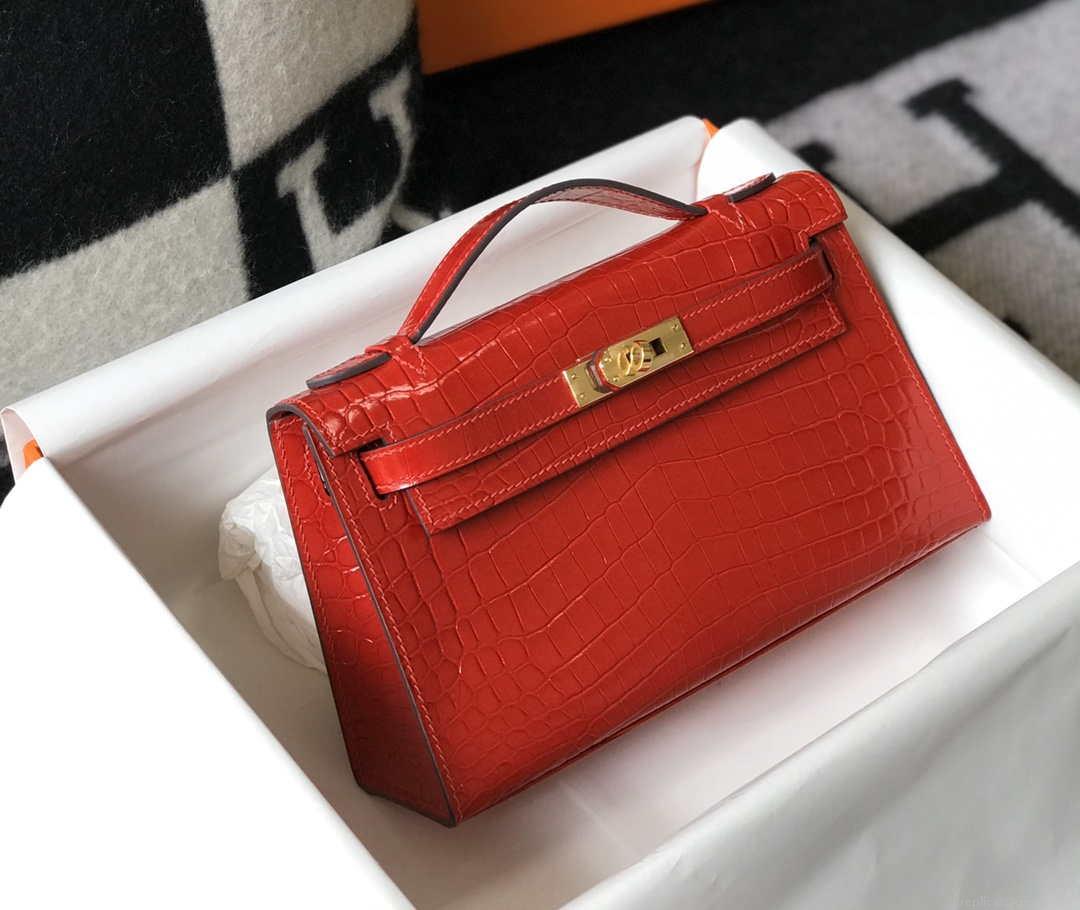 Hermes Mini Kelly Pouchette Crocodile Leather H230235 Red