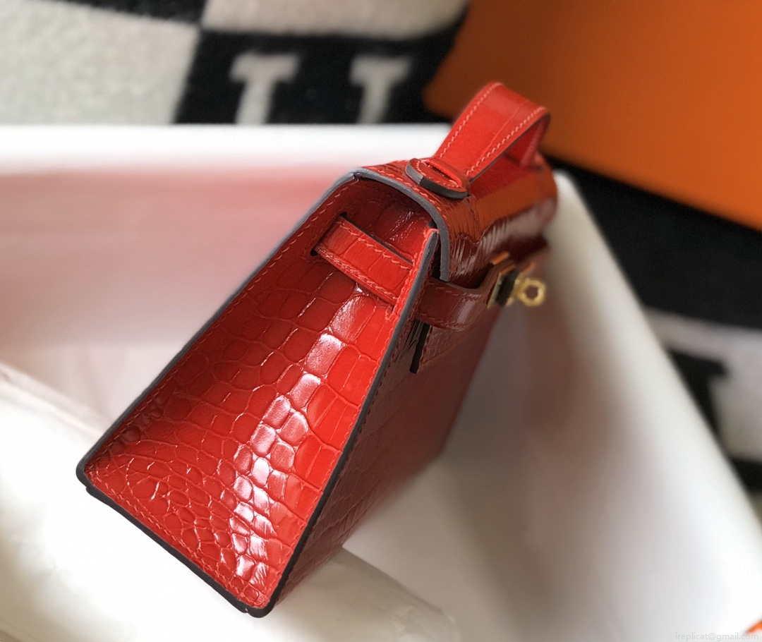 Hermes Mini Kelly Pouchette Crocodile Leather H230235 Red
