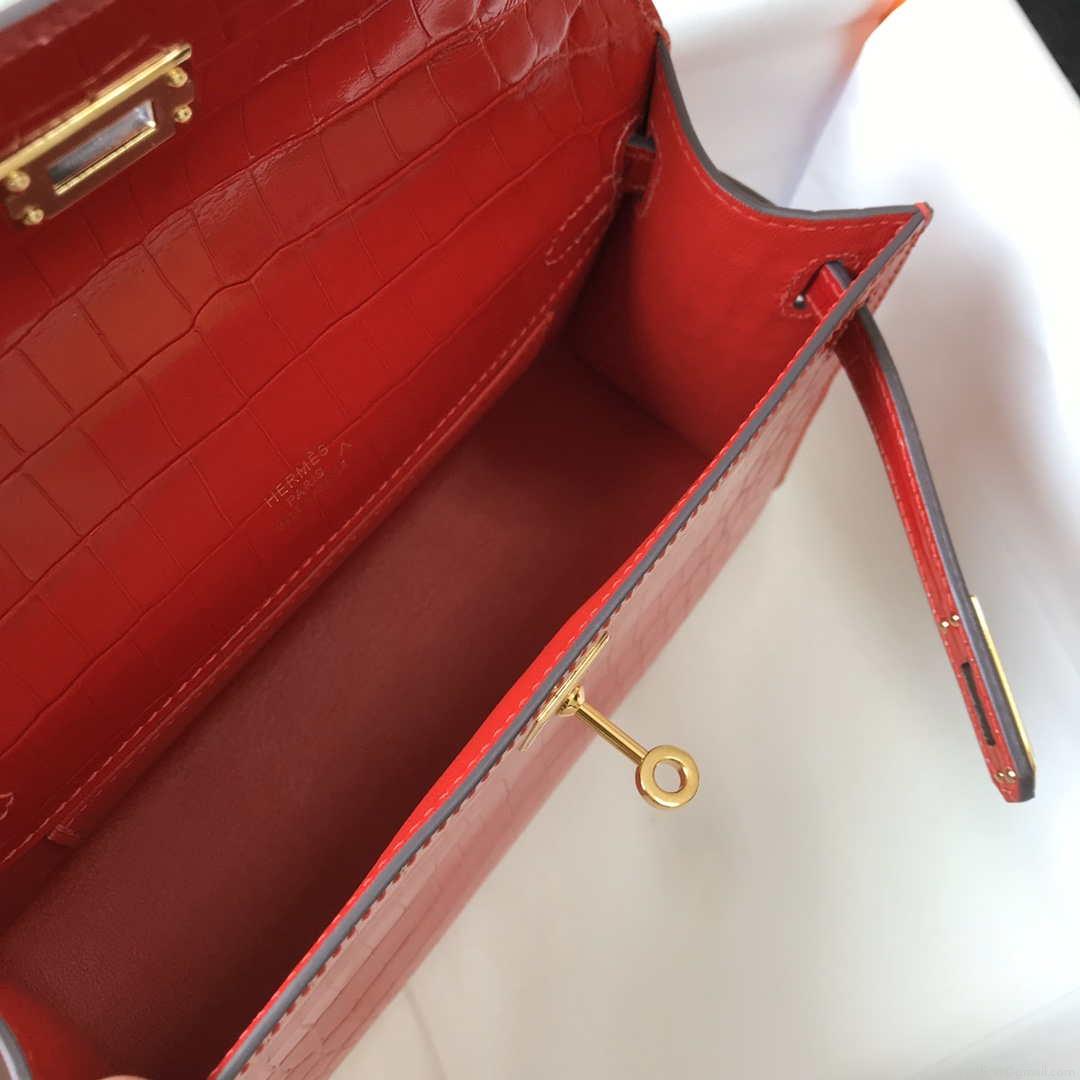 Hermes Mini Kelly Pouchette Crocodile Leather H230235 Red