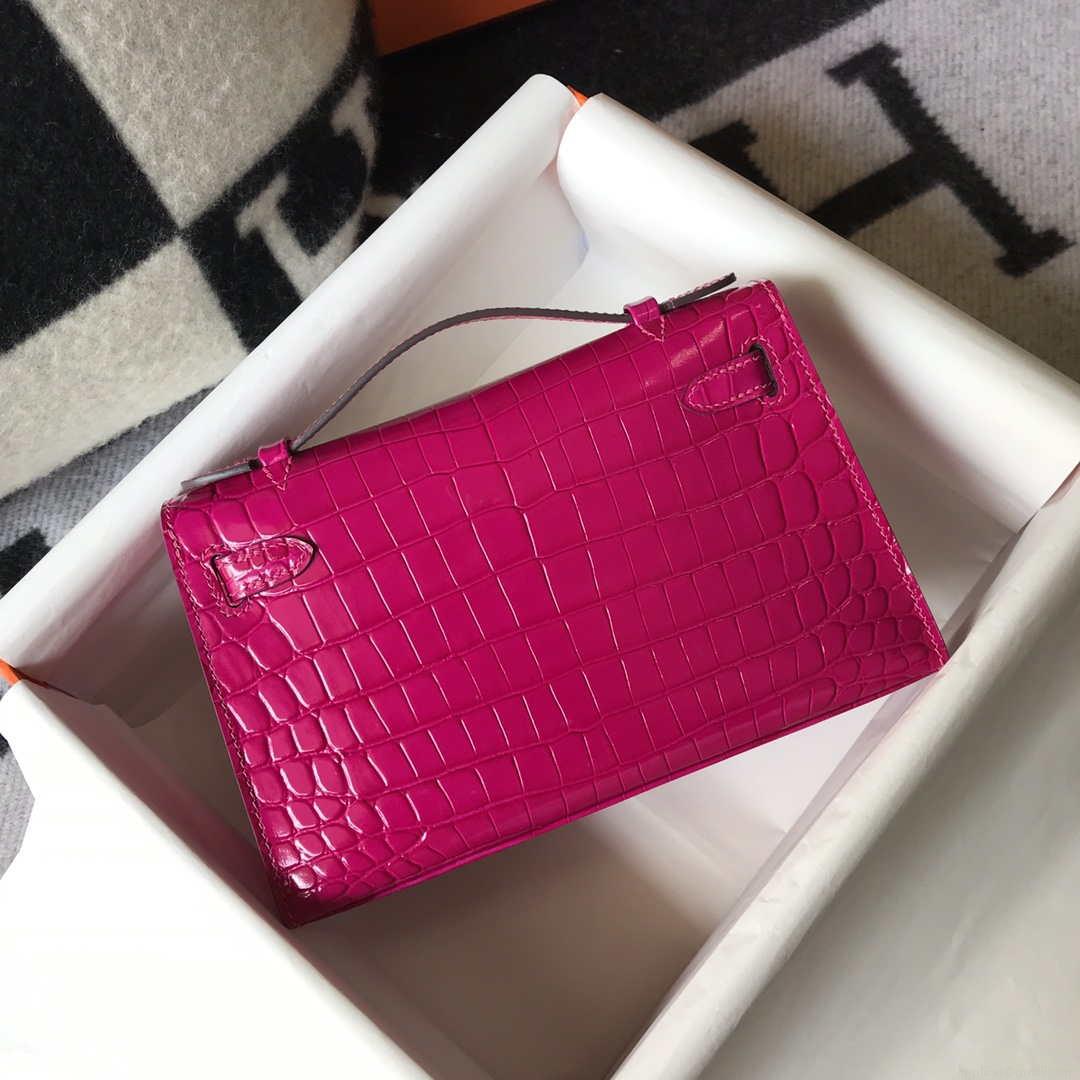 Hermes Mini Kelly Pouchette Crocodile Leather H230236 Rose Red