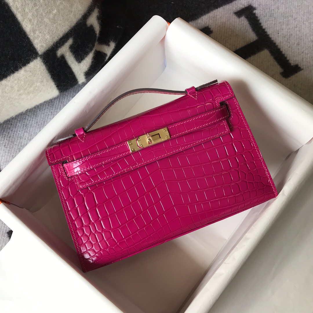 Hermes Mini Kelly Pouchette Crocodile Leather H230236 Rose Red