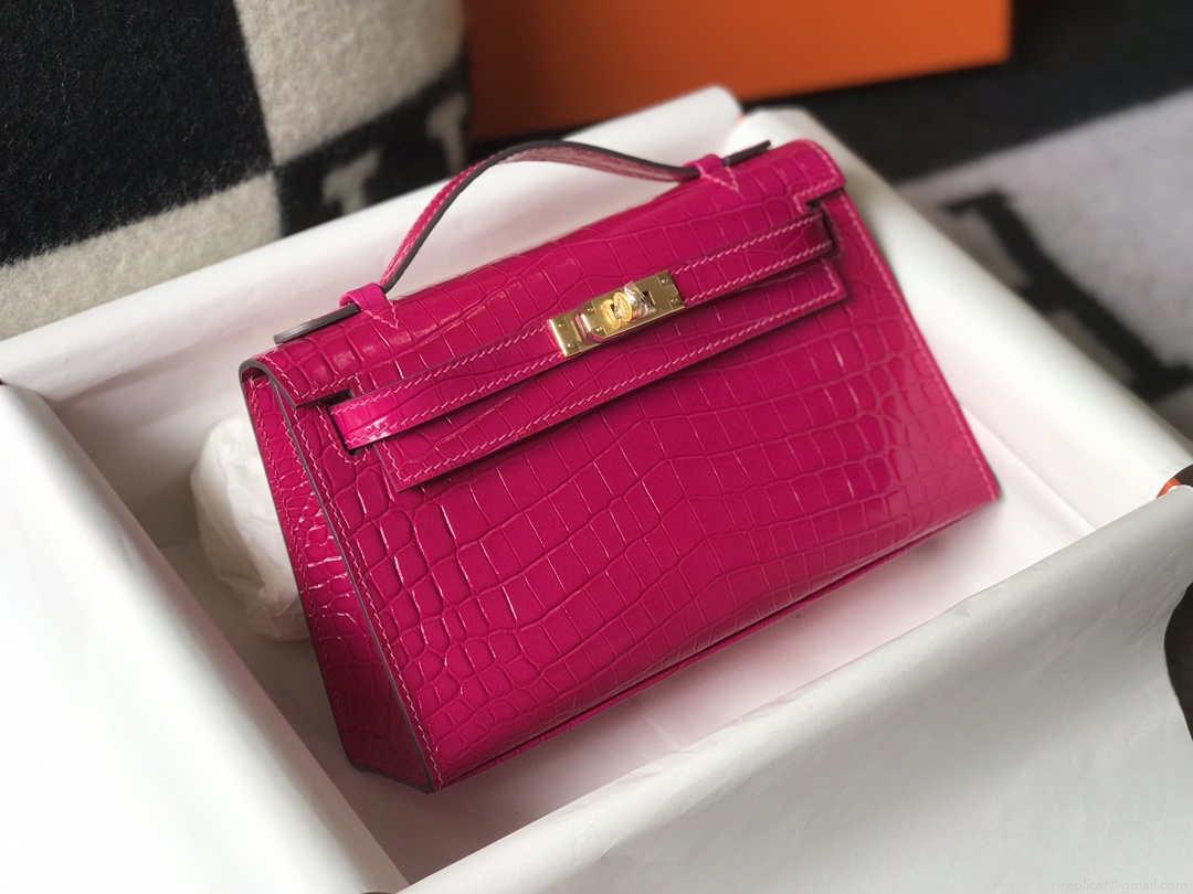Hermes Mini Kelly Pouchette Crocodile Leather H230236 Rose Red
