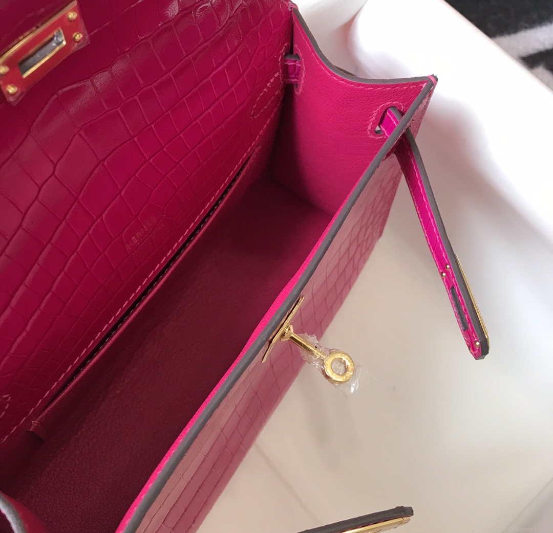 Hermes Mini Kelly Pouchette Crocodile Leather H230236 Rose Red