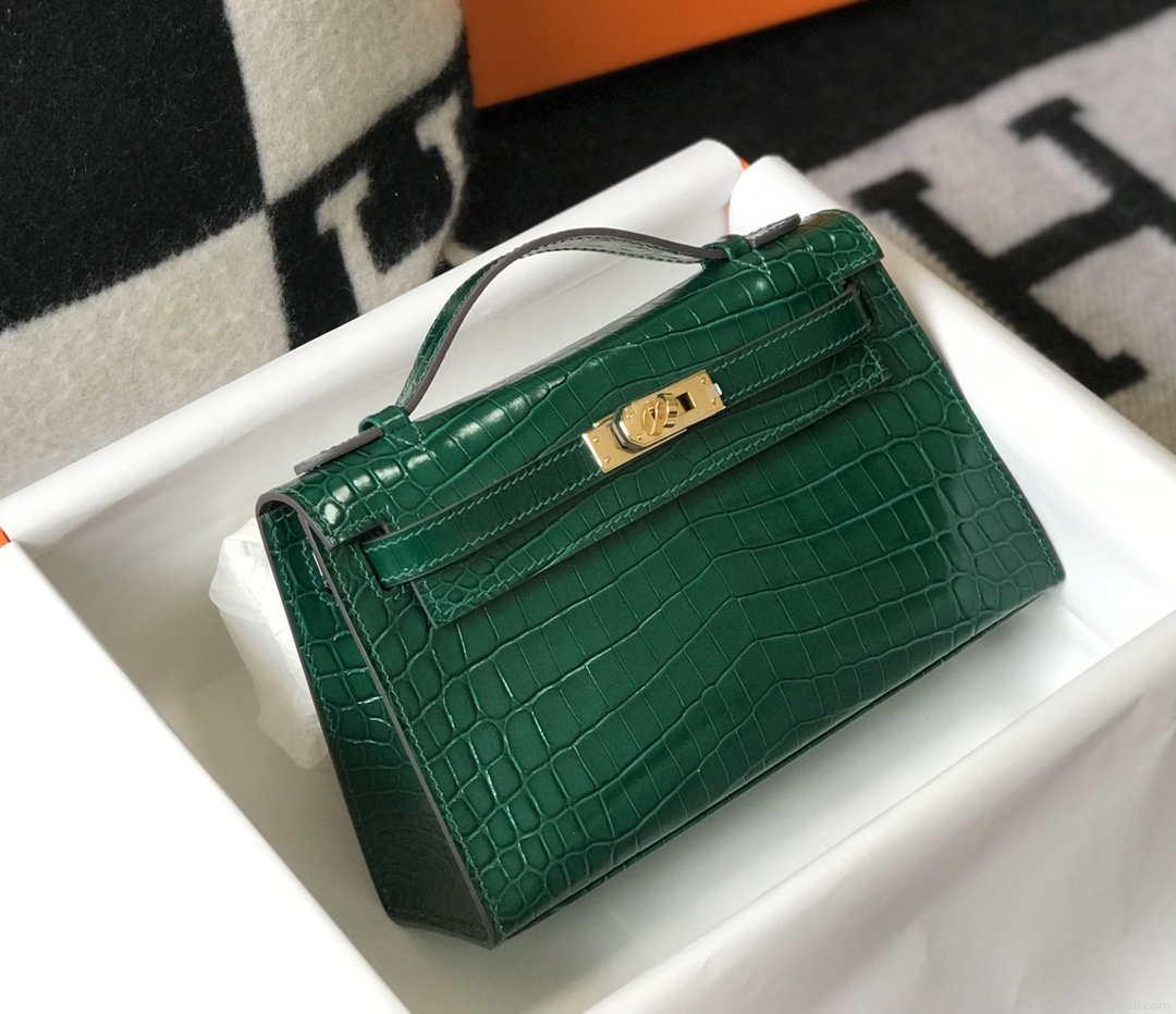 Hermes Mini Kelly Pouchette Crocodile Leather H230238 Green