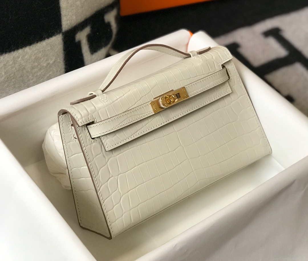 Hermes Mini Kelly Pouchette Crocodile Leather H230239 White