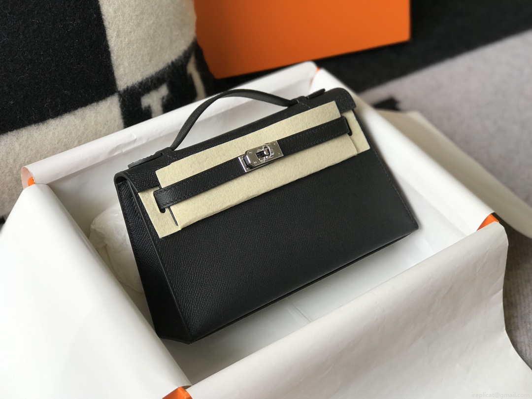 Hermes Mini Kelly Pouchette Epsom Leather H230240 Black Silver