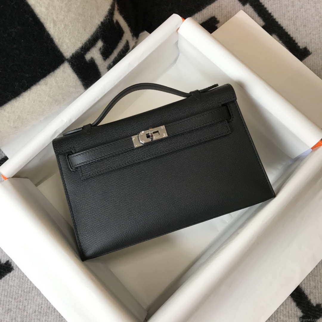 Hermes Mini Kelly Pouchette Epsom Leather H230240 Black Silver