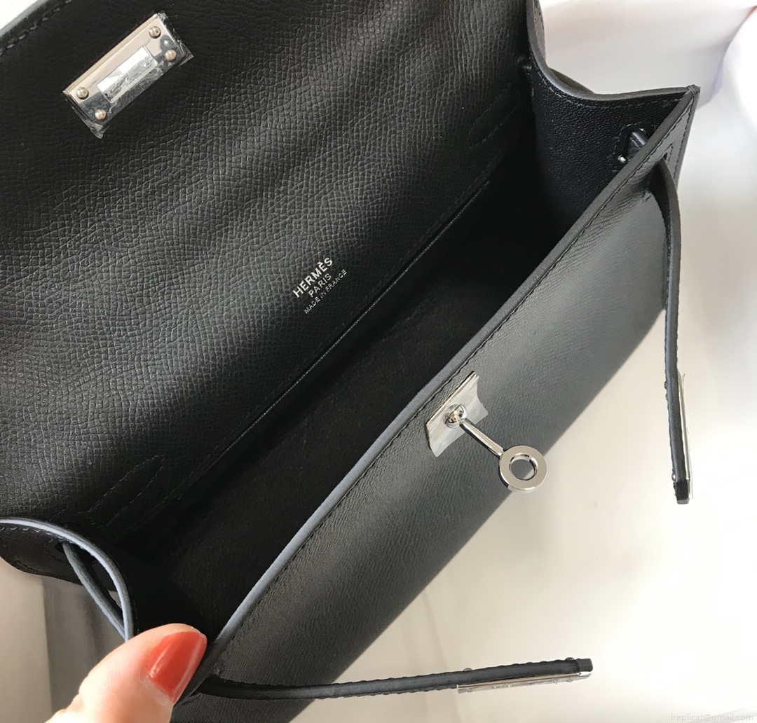 Hermes Mini Kelly Pouchette Epsom Leather H230240 Black Silver