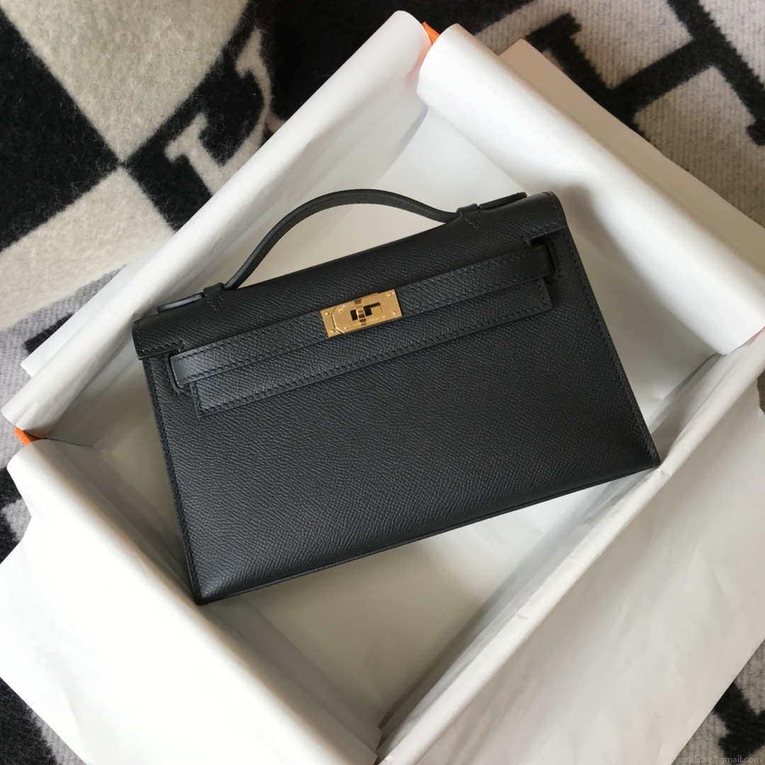 Hermes Mini Kelly Pouchette Epsom Leather H230241 Black Gold