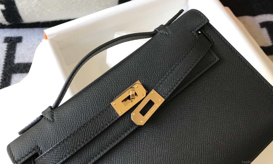 Hermes Mini Kelly Pouchette Epsom Leather H230241 Black Gold