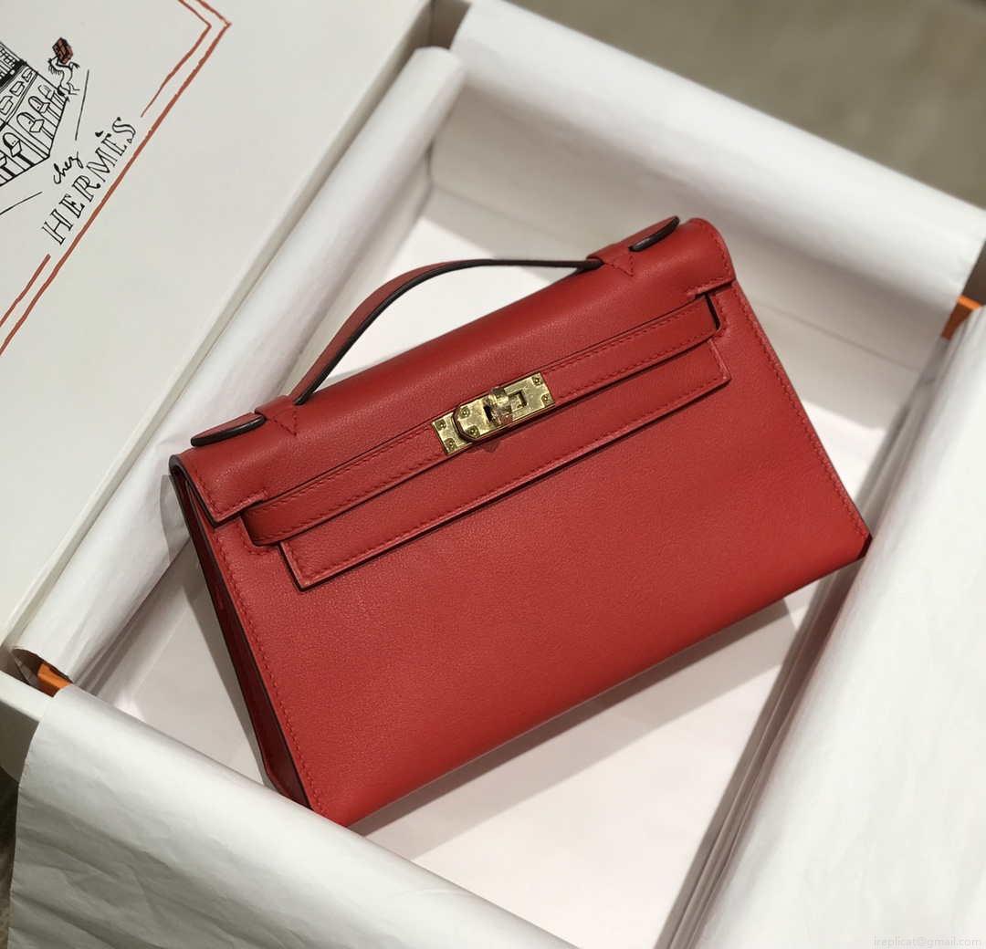 Hermes Kelly Pouchette Swift Leather clutch bag Gold H230268
