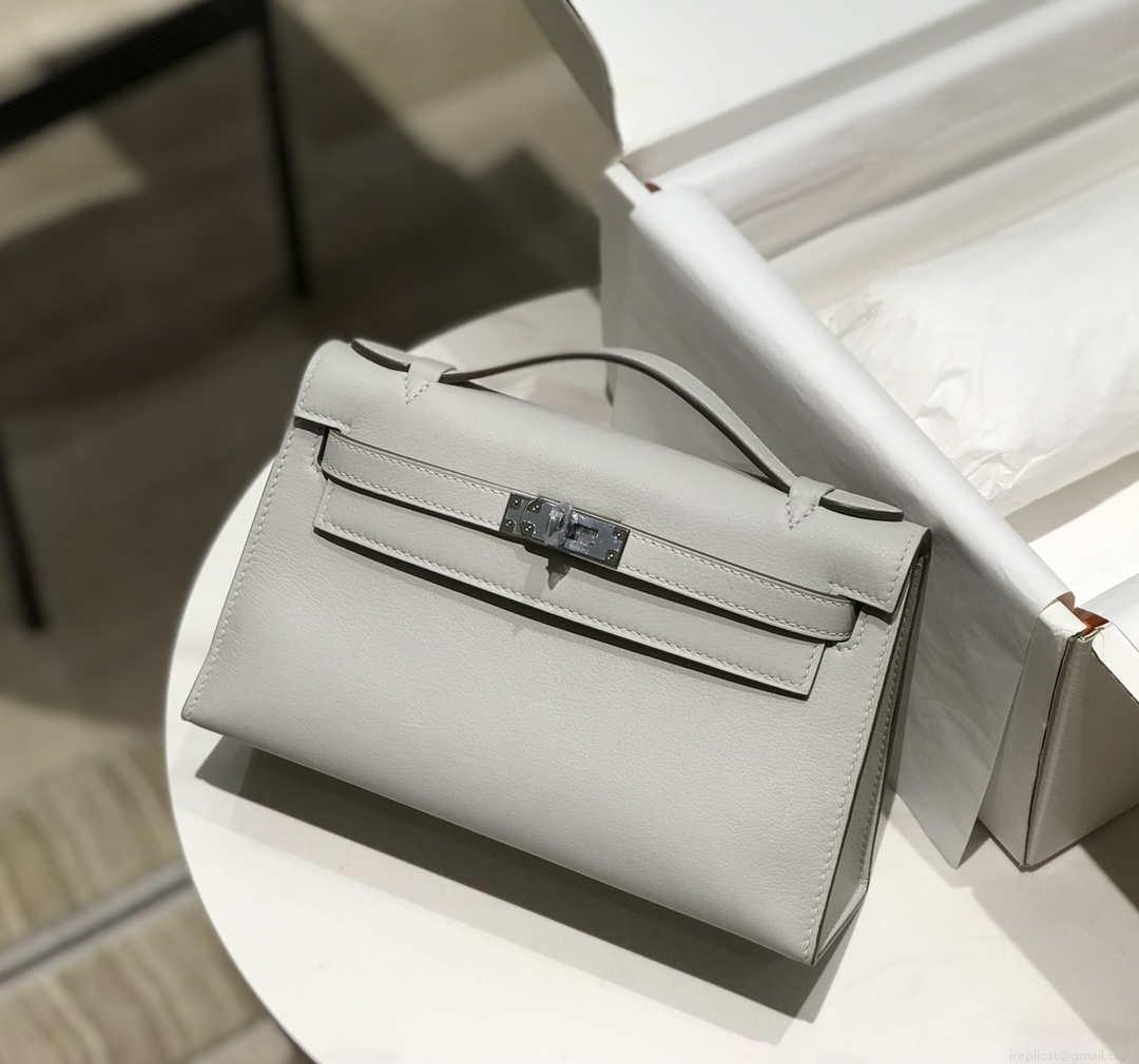 Hermes Kelly Pouchette Swift Leather clutch bag Silver H230259