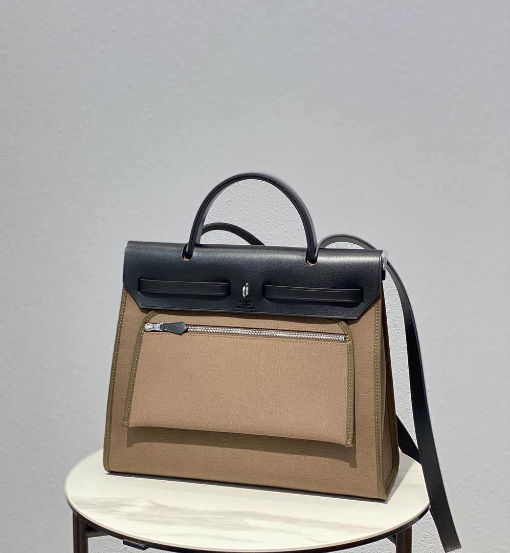 Hermes H082835CKAC Herbag Zip 31 Bag in Black Hunter Leather and Canvas H60031