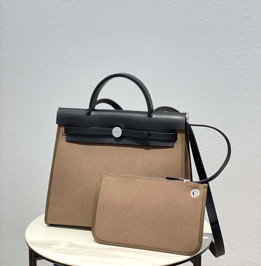 Hermes H082835CKAC Herbag Zip 31 Bag in Black Hunter Leather and Canvas H60031