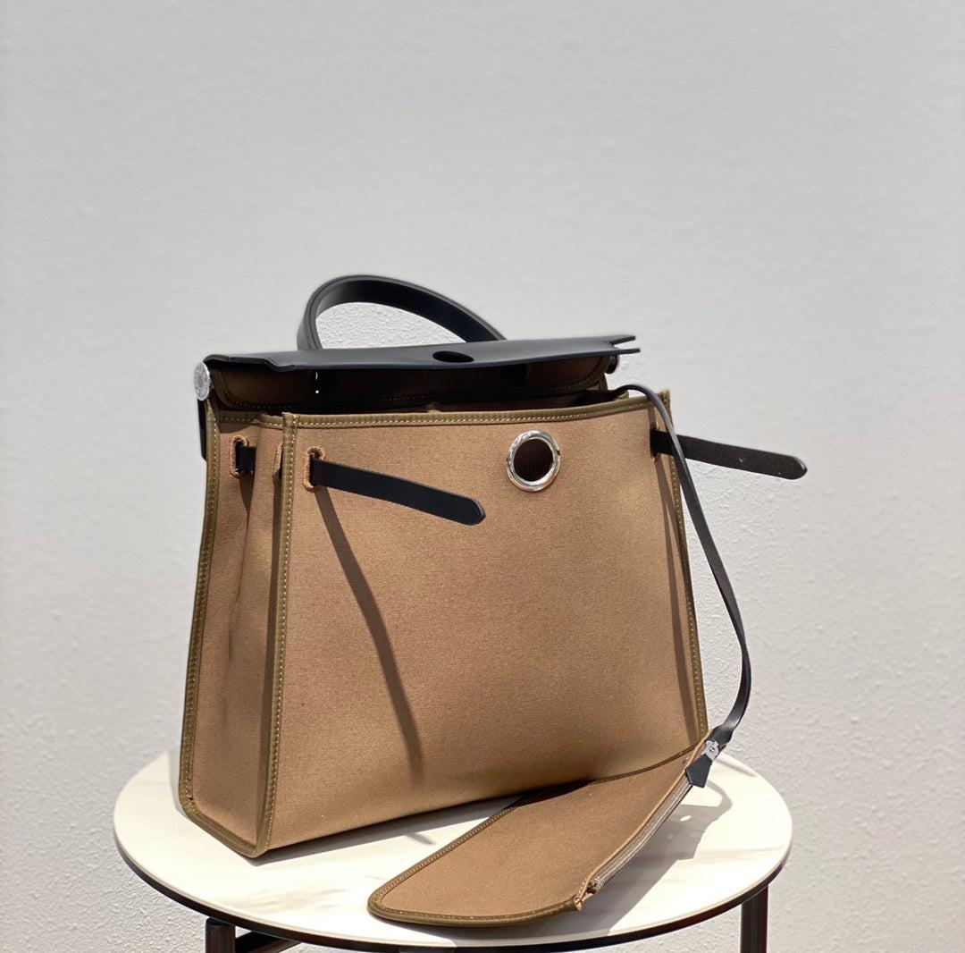 Hermes H082835CKAC Herbag Zip 31 Bag in Black Hunter Leather and Canvas H60031