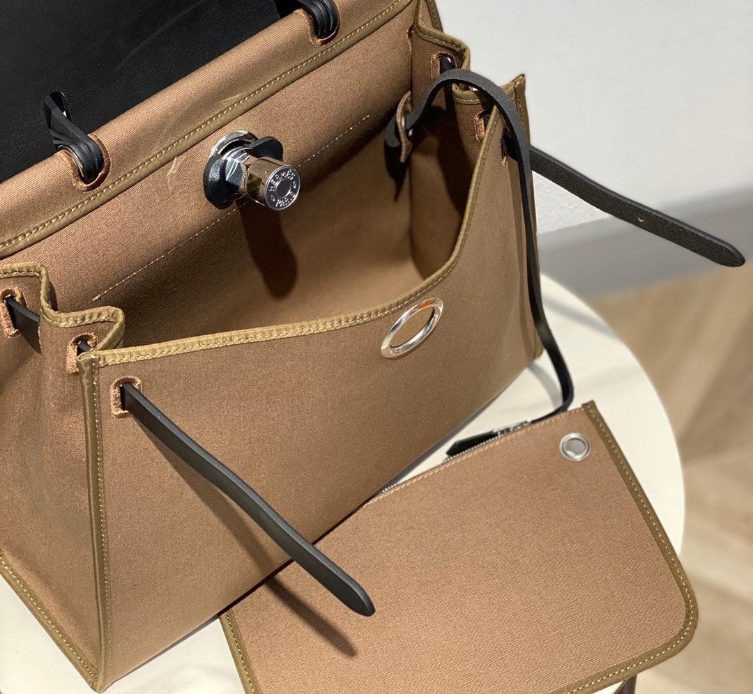 Hermes H082835CKAC Herbag Zip 31 Bag in Black Hunter Leather and Canvas H60031