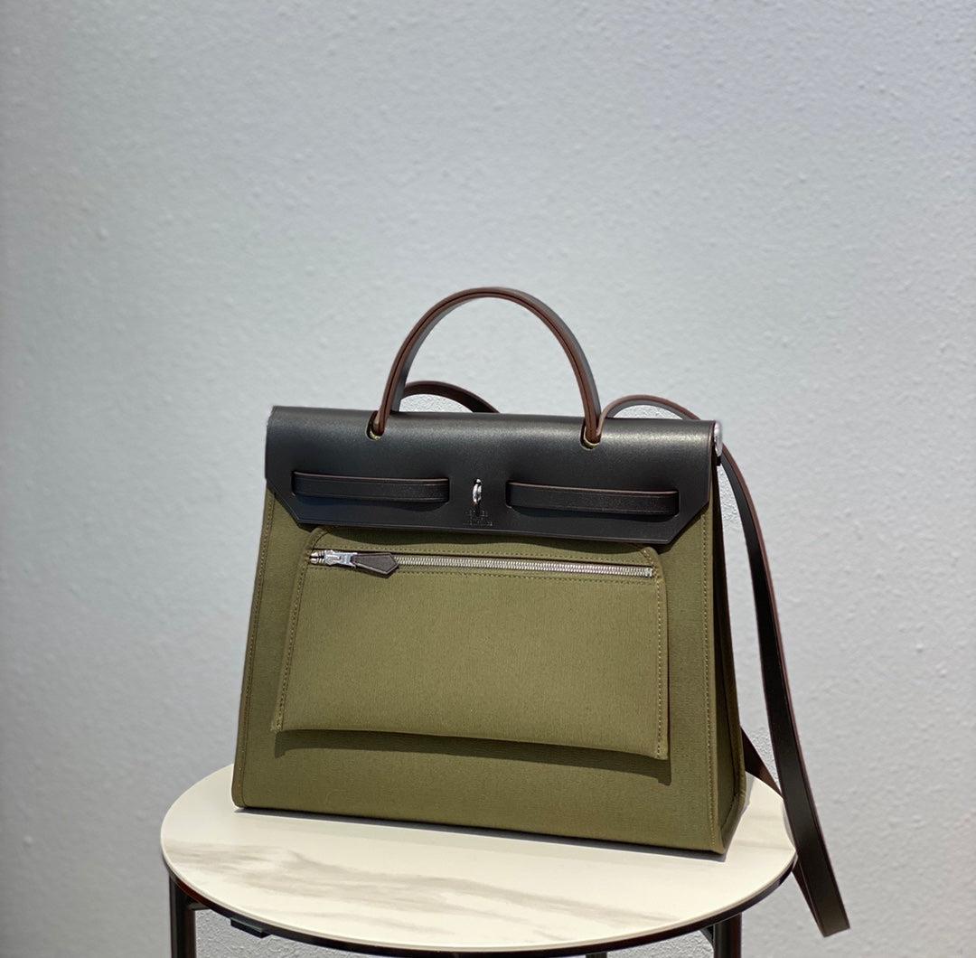 Hermes H082835CKAC Herbag Zip 31 Bag in Black Hunter Leather and Canvas H60032
