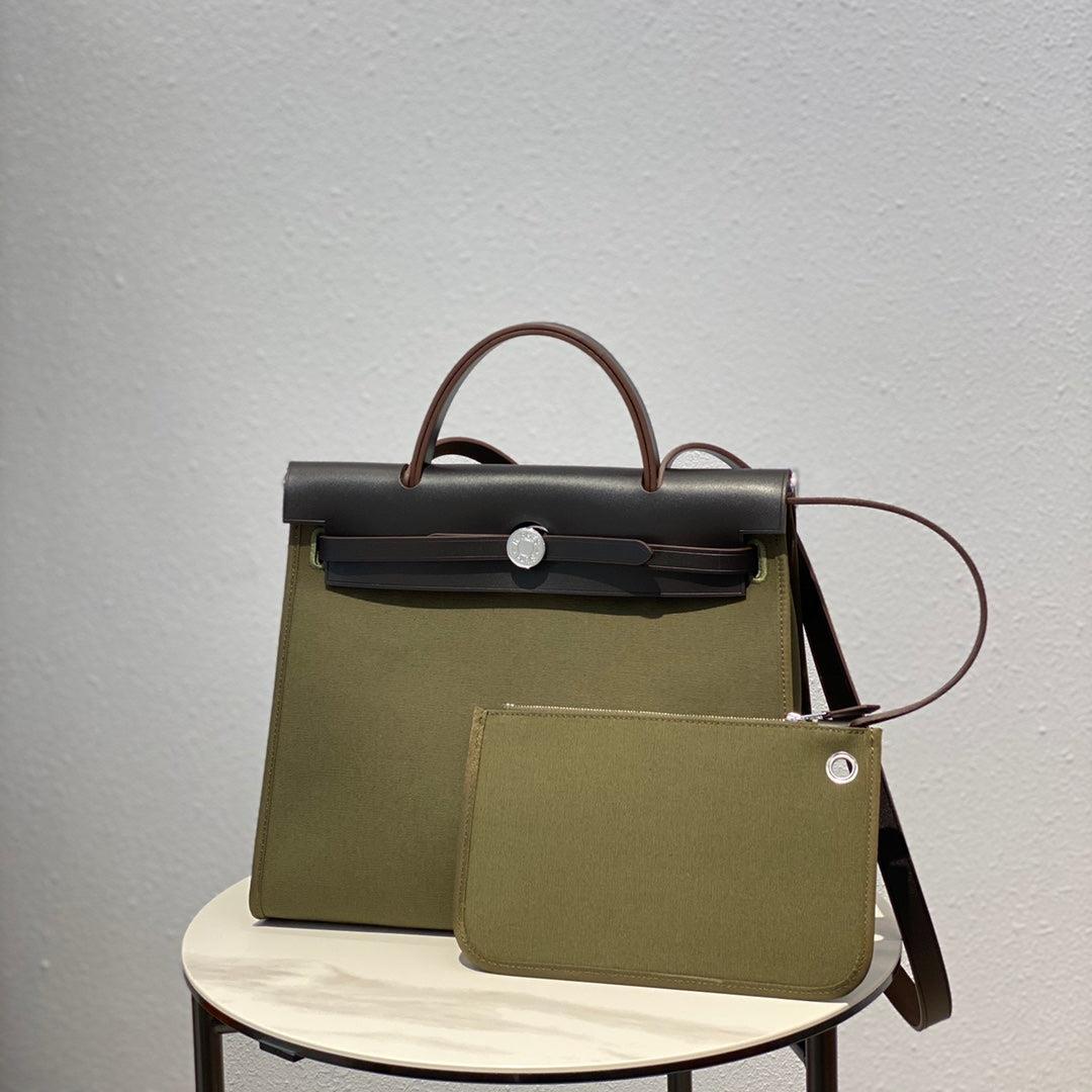Hermes H082835CKAC Herbag Zip 31 Bag in Black Hunter Leather and Canvas H60032