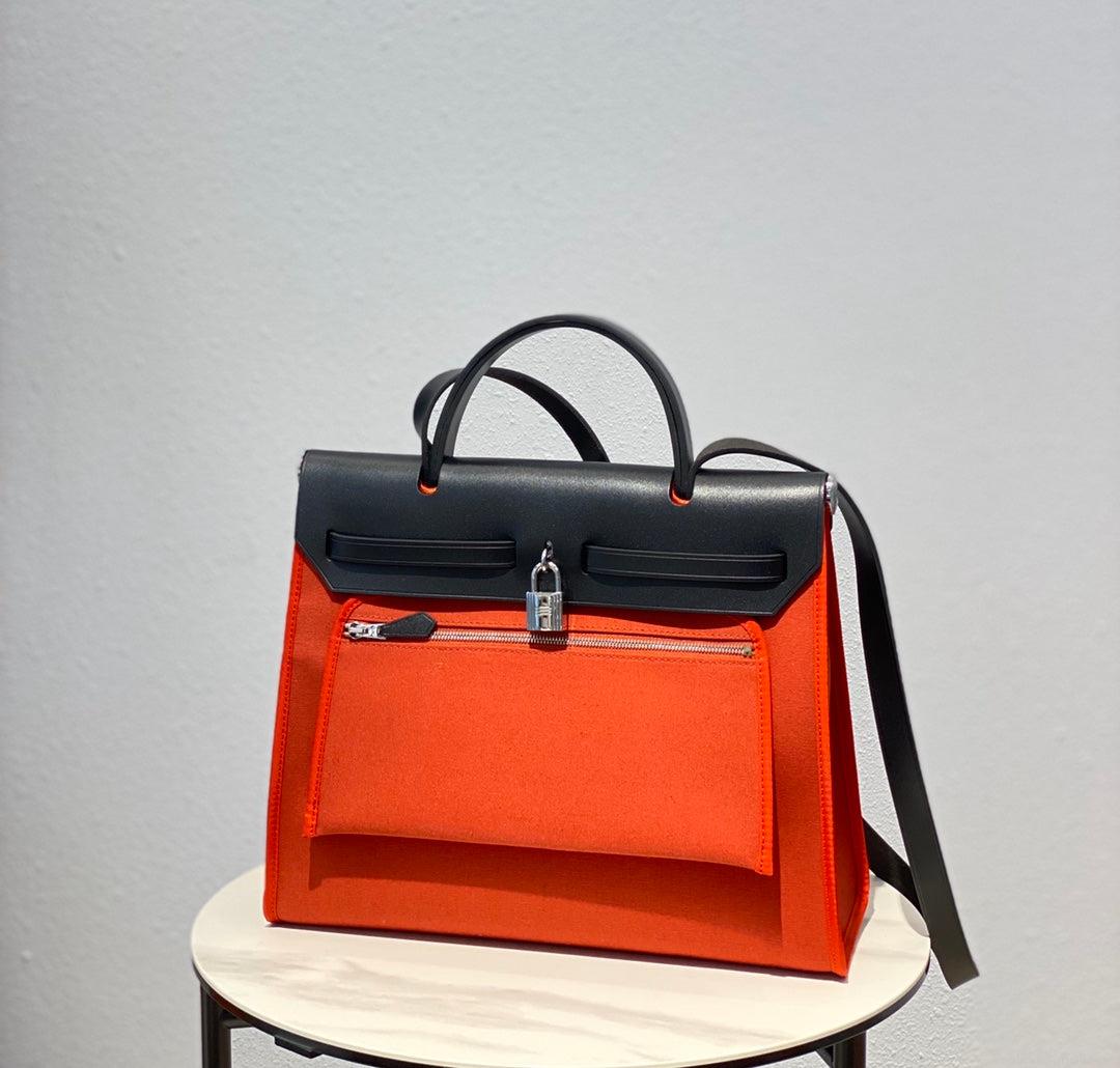 Hermes H082835CKAC Herbag Zip 31 Bag in Black Hunter Leather and Canvas H60033