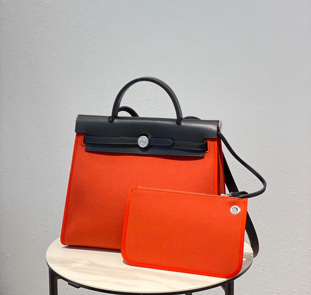 Hermes H082835CKAC Herbag Zip 31 Bag in Black Hunter Leather and Canvas H60033
