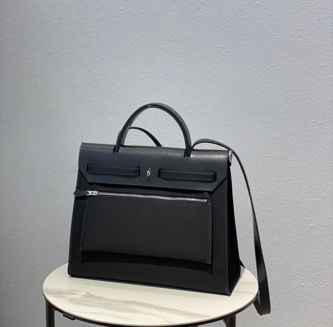Hermes H082835CKAC Herbag Zip 31 Bag in Black Hunter Leather and Canvas H60028
