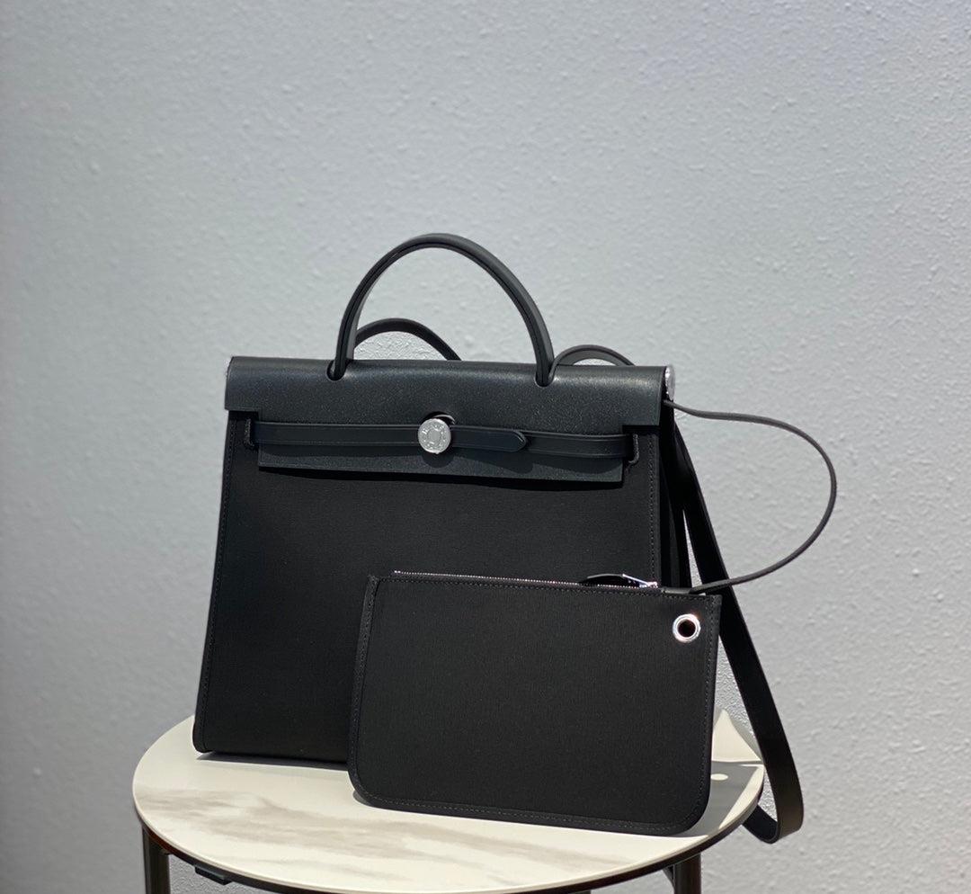 Hermes H082835CKAC Herbag Zip 31 Bag in Black Hunter Leather and Canvas H60028