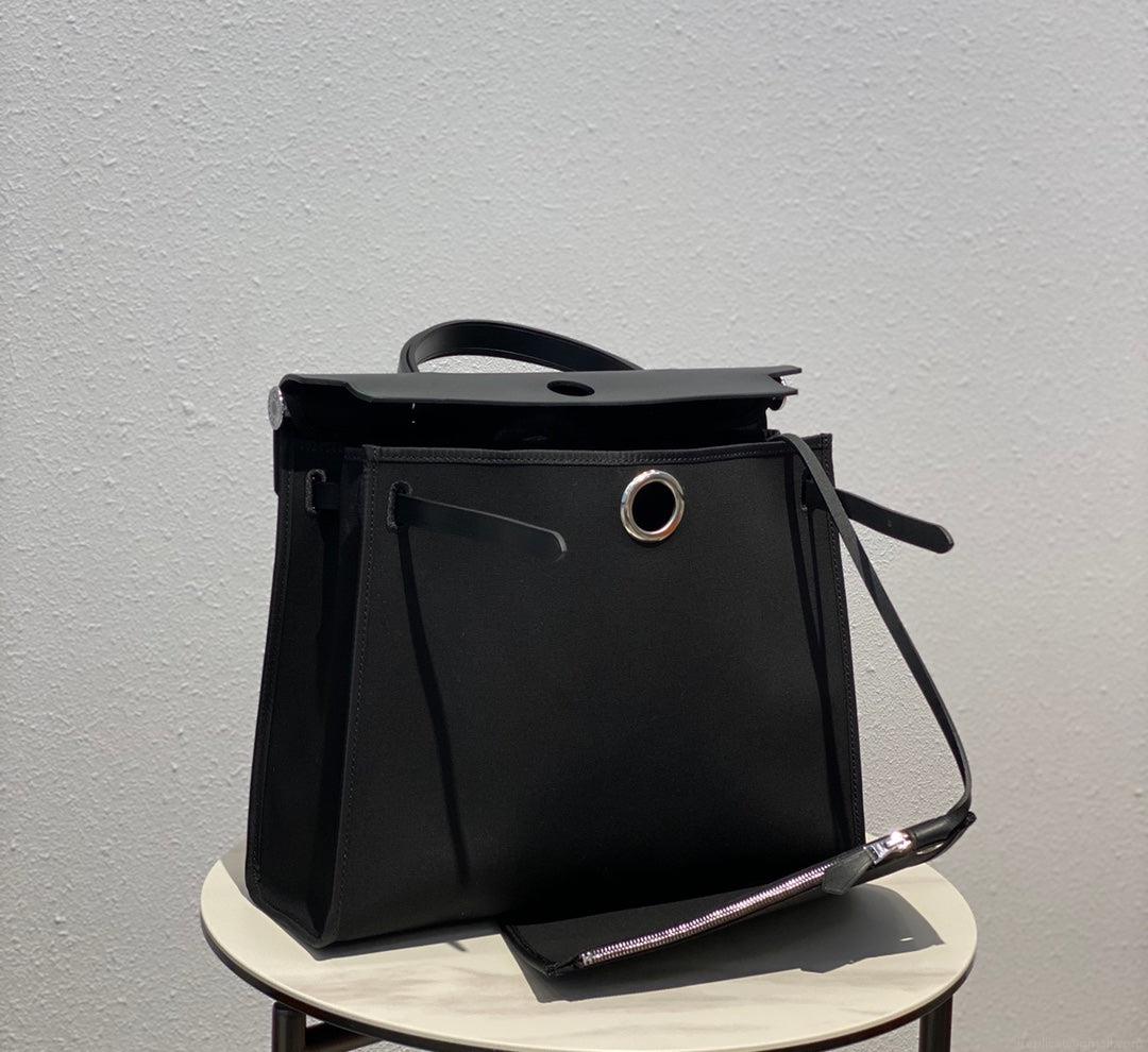 Hermes H082835CKAC Herbag Zip 31 Bag in Black Hunter Leather and Canvas H60028