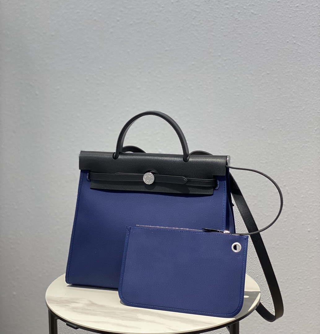 Hermes H082835CKAC Herbag Zip 31 Bag in Black Hunter Leather and Canvas H60029