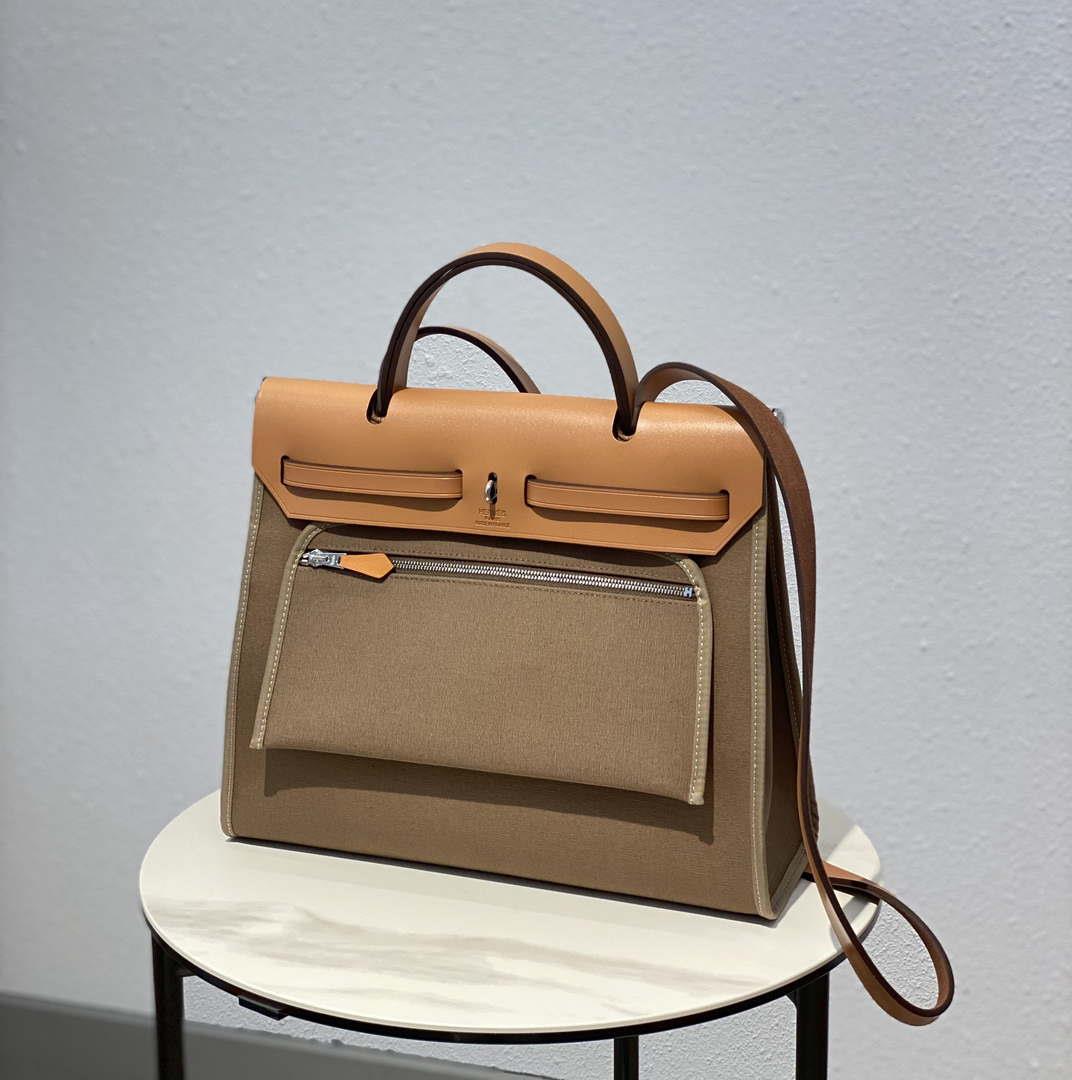 Hermes H082835CKAC Herbag Zip 31 Bag in Black Hunter Leather and Canvas H60036