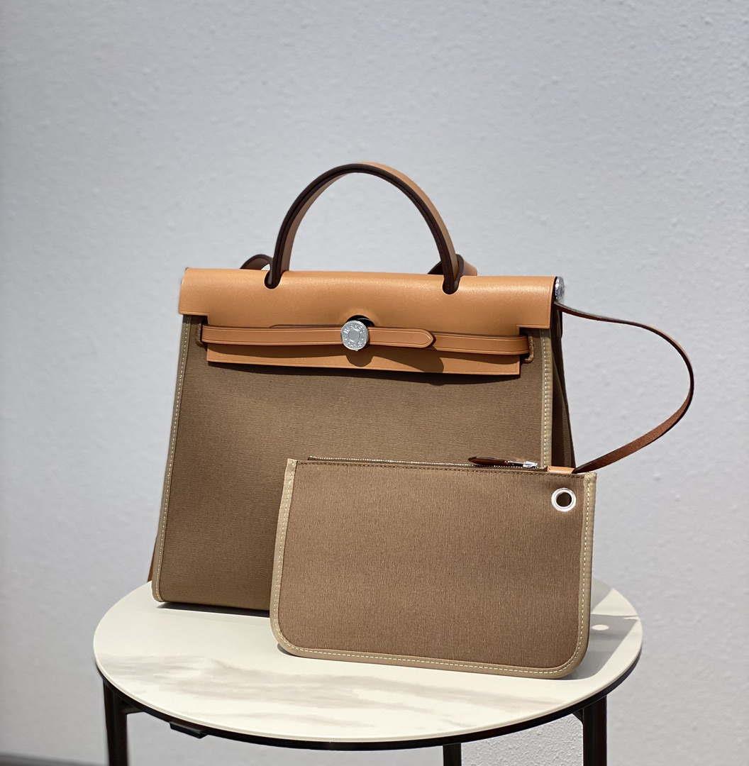 Hermes H082835CKAC Herbag Zip 31 Bag in Black Hunter Leather and Canvas H60036