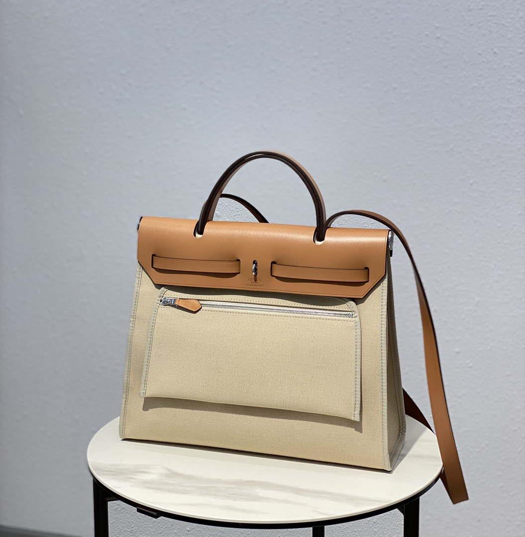 Hermes H082835CKAC Herbag Zip 31 Bag in Black Hunter Leather and Canvas H60038