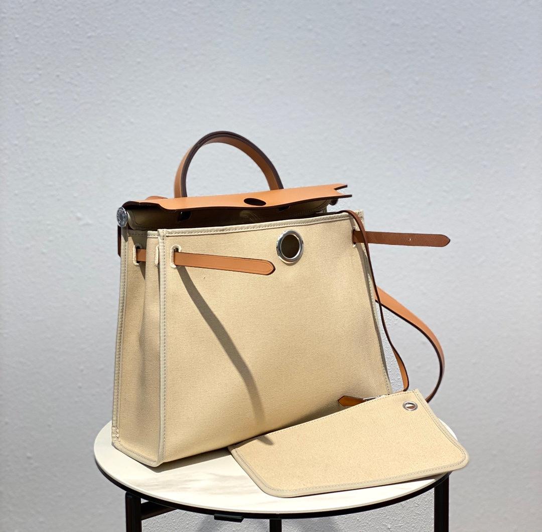Hermes H082835CKAC Herbag Zip 31 Bag in Black Hunter Leather and Canvas H60038