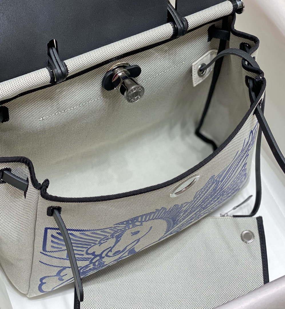 Hermes H084076CKAD Herbag Zip 31 Bag in Black Hunter Leather and Canvas H60045