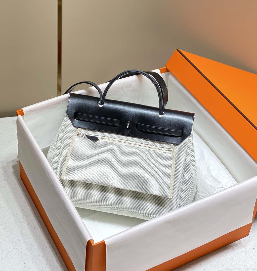 Hermes H084076CKAD Herbag Zip 31 Bag in Black Hunter Leather and Canvas H60046
