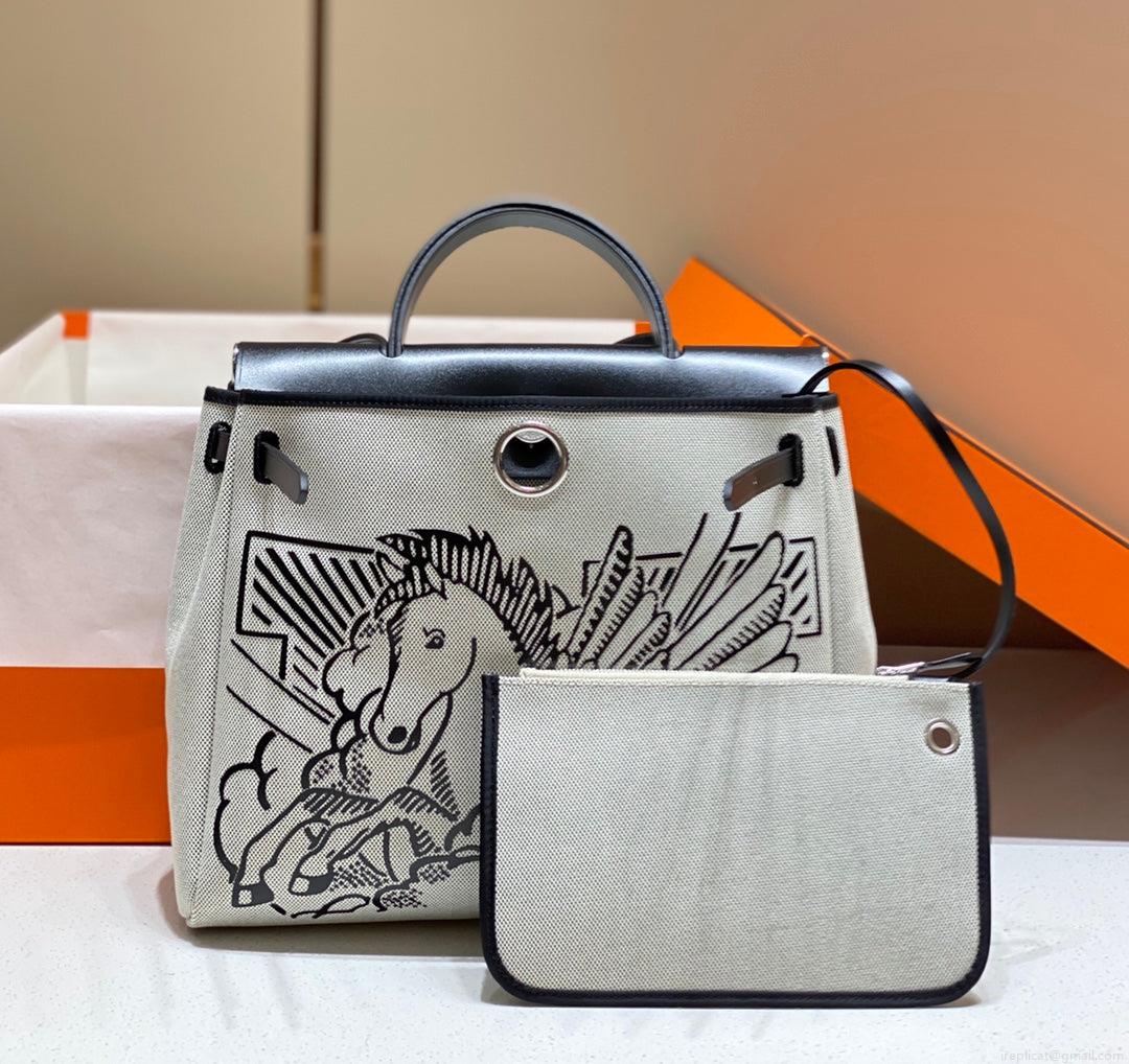 Hermes H084076CKAD Herbag Zip 31 Bag in Black Hunter Leather and Canvas H60046