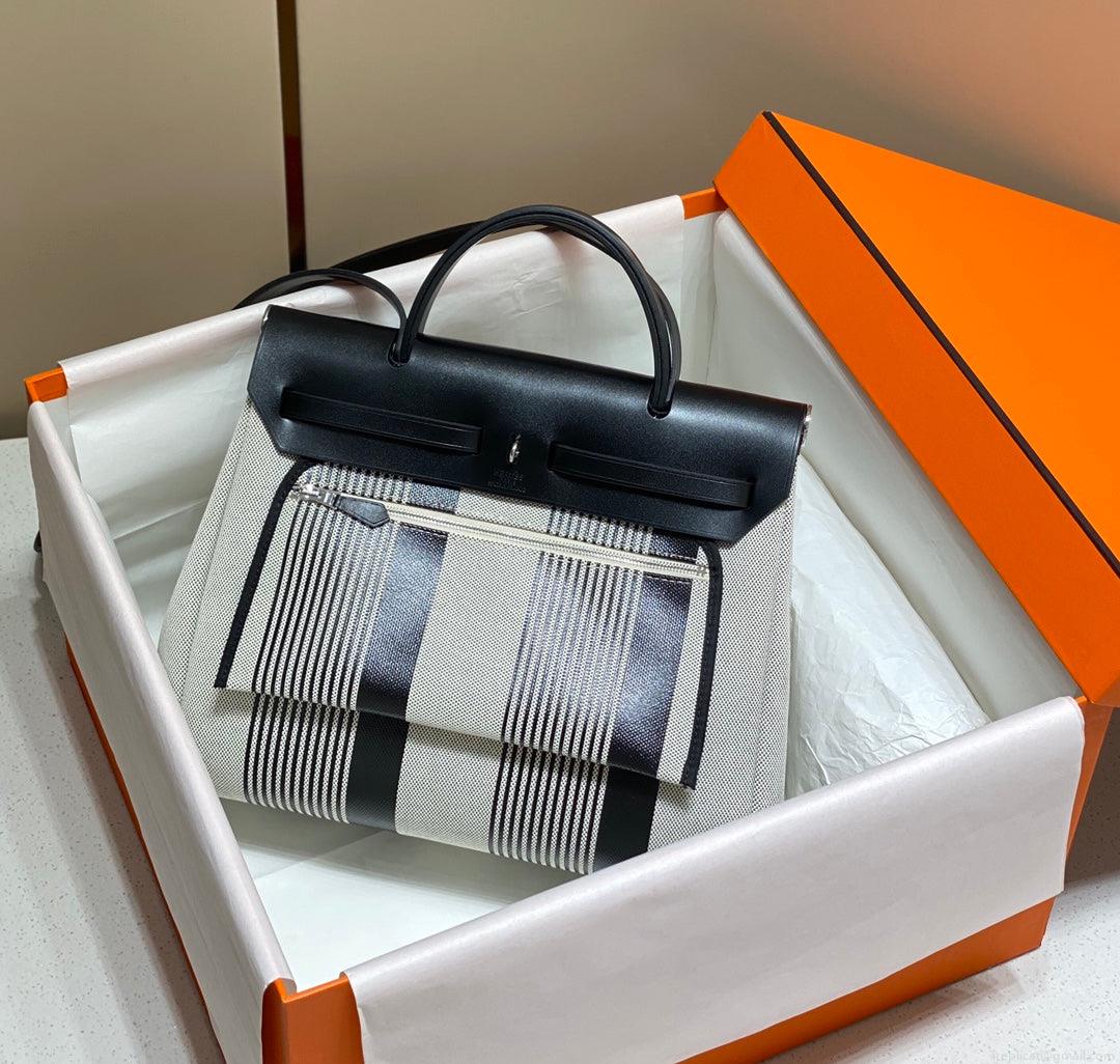 Hermes H084076CKAD Herbag Zip 31 Bag in Black Hunter Leather and Canvas H60047