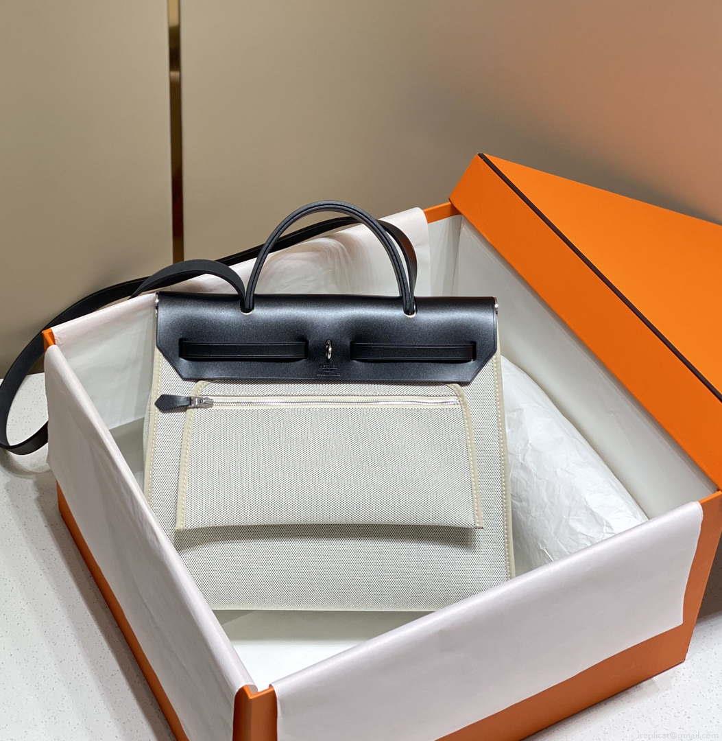 Hermes H084076CKAD Herbag Zip 31 Bag in Black Hunter Leather and Canvas H60048