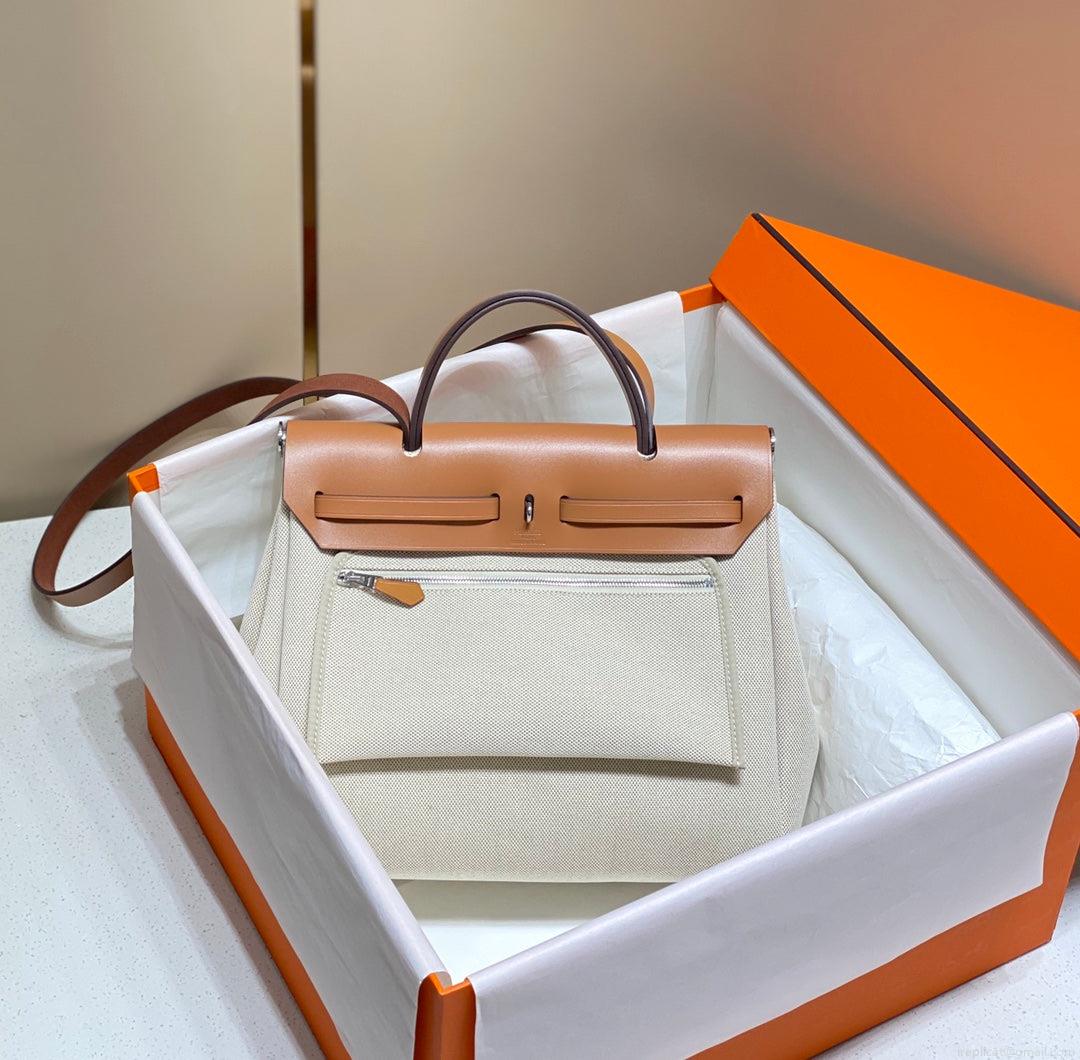 Hermes H084076CKAD Herbag Zip 31 Bag in Brown Hunter Leather and Canvas H60050