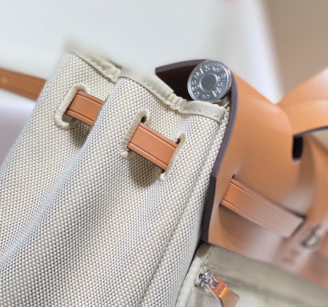 Hermes H084076CKAD Herbag Zip 31 Bag in Brown Hunter Leather and Canvas H60050